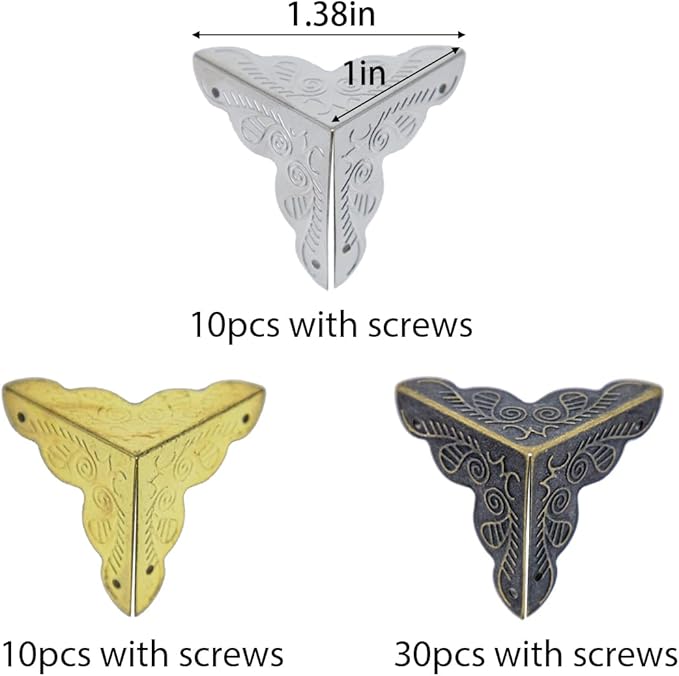 50pcs Furniture Corner Protector, Vintage Corner Decorative Metal Edge Covers Antique Triangle Edge Guard with Mounting Screws for Storage Box Jewelry Case Cabinet Table Wooden Chest