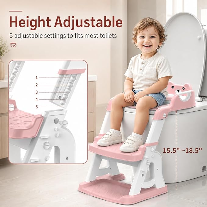 Meulife Potty Training Seat, Upgrade 2 in 1 Potty Training Toilet for Toddler, Toddler Toilet Seat for Boys Girls with Support Bar, Anti-Slip Pad and Step Stool (Pink)