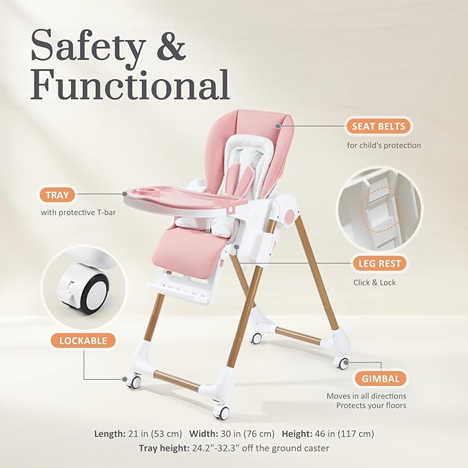 Mallify Foldable High Chairs for Babies and Toddlers, 3-in-1 Convertible Baby High Chair with Removable Soft Cushion and Tray, Adjustable Height & Recline, Lockable Wheels, Pink