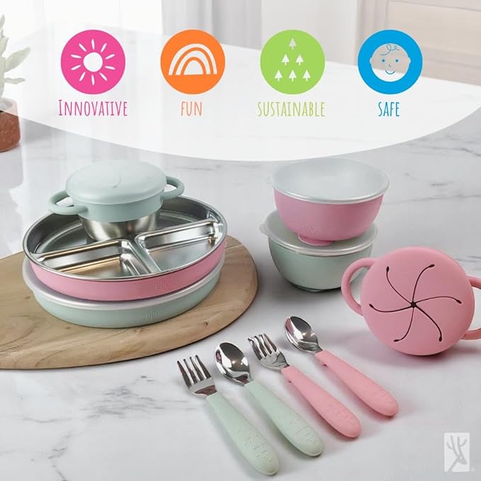 Elk and Friends Kids Stainless Steel Mealtime Bundle | Plates, Bowls, Snack Cups + Toddler Utensils | Silicone Suction Sleeves + Travel Storage Lids | For Meals + Snacks | Dishwasher Safe