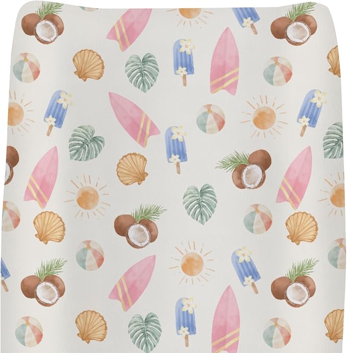 Neutral Summer Beach Changing Pad Covers for Baby Girls Boys Surfboard Coconut Seashells Sun Balls Fitted Change Table Pad Covers Mats Seaside Holiday Soft Diaper Changing Pad Sheets 32''×16''