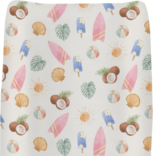Neutral Summer Beach Changing Pad Covers for Baby Girls Boys Surfboard Coconut Seashells Sun Balls Fitted Change Table Pad Covers Mats Seaside Holiday Soft Diaper Changing Pad Sheets 32''×16''