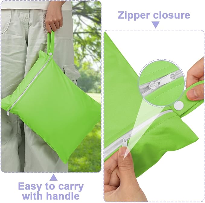 2PCS Wet Bags, Reusable Cloth Diaper Bags with Handle and Zipper, Lightweight Waterproof Travel Laundry Bag, Washable Wet Dry Bag for Baby Items Travel Beach Swimming Gym Camping(Green&Purple)