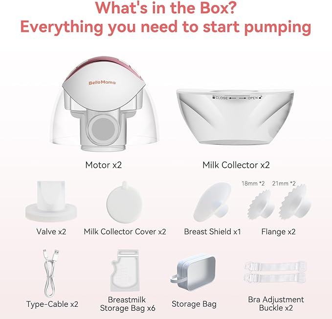 BelloMama Ultra-Slim Double Portable Wearable Breast Pump: Quiet Electric Breastfeeding Essentials with Suction Levels, Auto-Off, Ideal for Yoga, Sport, and Busy Lifestyles
