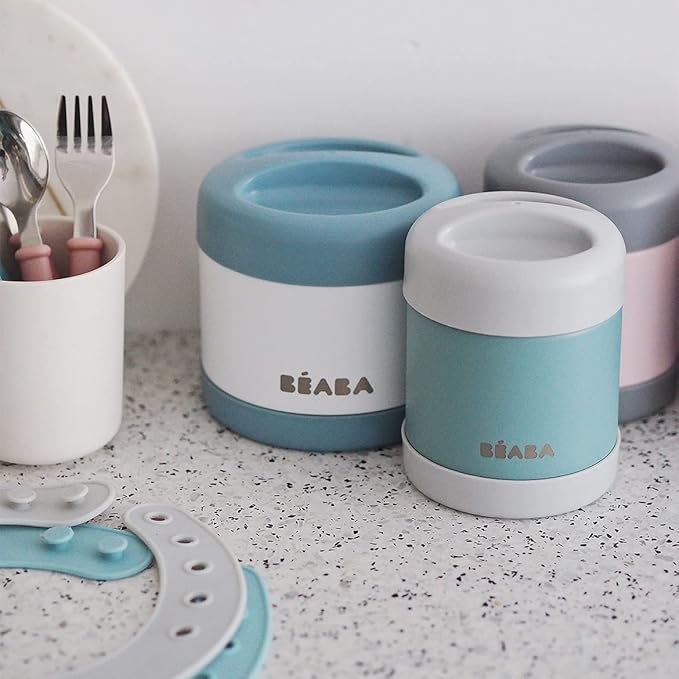 Beaba Stainless Steel Insulated Food Jar 16 oz, Kids Thermos, Lunch Containers, Leakproof, Wide Opening, Suitable for Hot and Cold Foods (Cloud)
