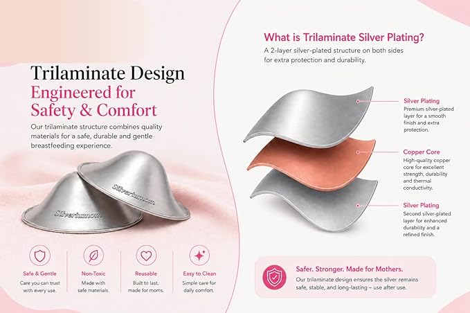 Silveriumom The Original Silver Nursing Cups - Nipple Shields for Nursing Newborn - 100% Pure Silver 999 Silver and Handmade - Nipple Covers Breastfeeding (Trilaminate Silver Regular)