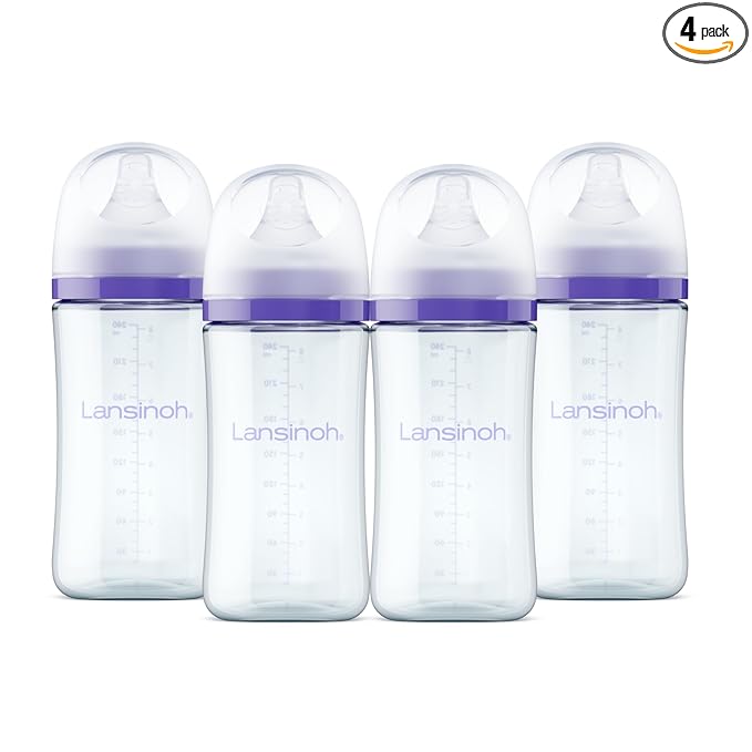 Lansinoh Glass Baby Bottles, Anti-Colic, 8 Ounces, 4 Count Bottles for Feeding, Baby Essentials, Includes 4 Medium Flow Nipples, Size M