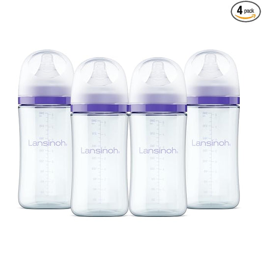 Lansinoh Glass Baby Bottles, Anti-Colic, 8 Ounces, 4 Count Bottles for Feeding, Baby Essentials, Includes 4 Medium Flow Nipples, Size M