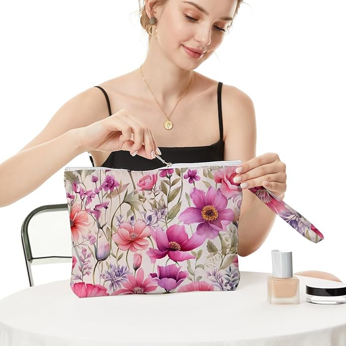 Fokongna Floral Print Wet Bag, Small Portable Waterproof Multi-Functional Organizer for Women, Pink Purple Floral Mix, Ideal for Daily, Beach & Travel