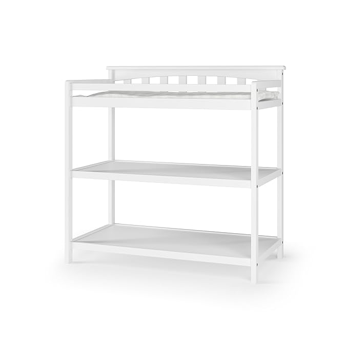 Child Craft Flat Top Infant Changing Table, Water-Resistant Pad and Safety Strap, Anti-Tip Kit Included to Prevent Tipping, Non-Toxic, Baby Safe Finish (Matte White)