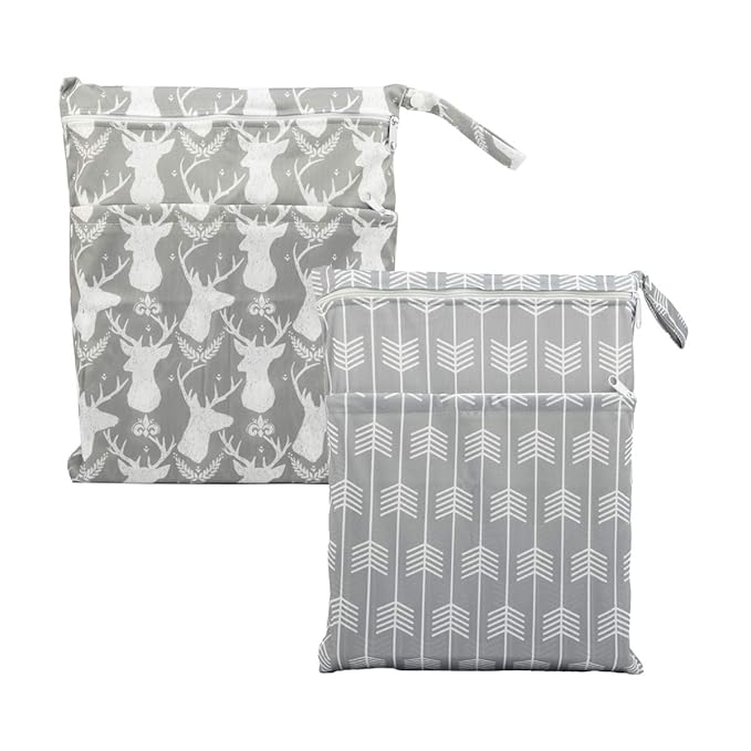 2 Wet Bags Reusable Diaper Nappy Waterproof With Two Zippered Pockets (Gray Arrow and Deer Heads)