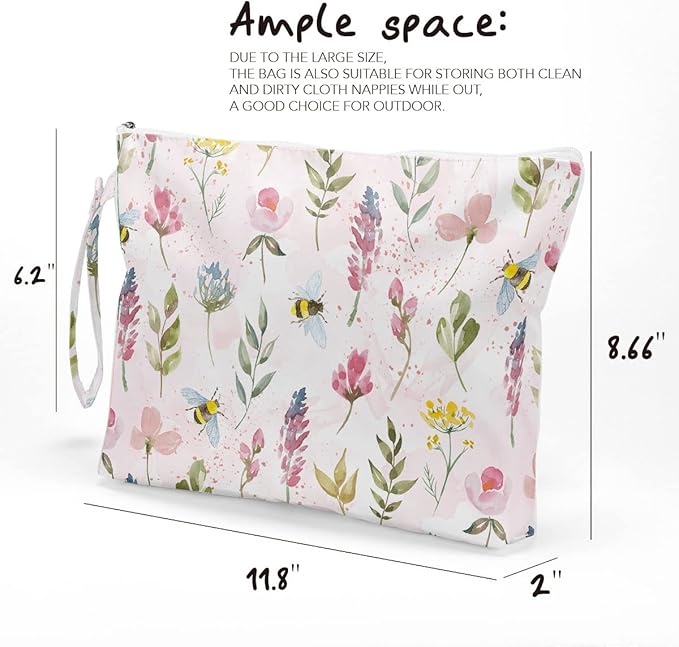 Fokongna Wet Bag, Wet Dry Bag, Makeup Bag, Toiletry Bag, Waterproof Large Capacity Travel Cosmetic Bag, Zipper Pouch for Women, Girls Mo Wife Sister Friends Baby Diaper Bag Bee Wildflower gifts