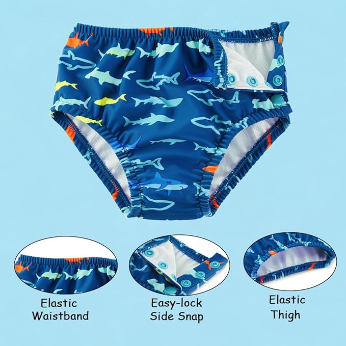 Baby Swim Diapers Reusable Washable Infant Diaper Swimsuit with Side Snap UPF 50+ Sun Protection for Pool Beach(12-18 Months,Red Sharks)
