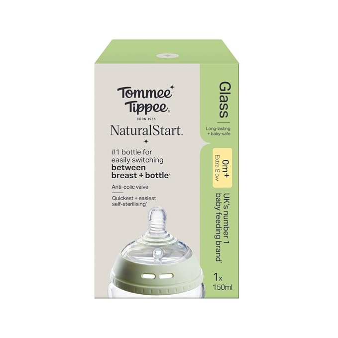 Tommee Tippee Closer to Nature Glass Baby Bottle, Slow Flow Breast-Like Teat with Anti-Colic Valve, 150ml, Pack of 1, Clear