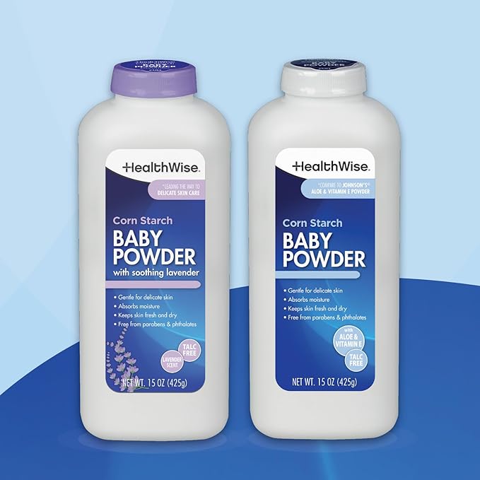 HealthWise Corn Starch Baby Powder | Soothing Lavender Scent | Talc Free | Paraben & Phthalate Free | Absorbs Moisture | 15 oz (425g)