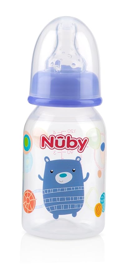 Nuby Printed Non-Drip Bottle, 4 Ounce, 1 Pack of 1 Bottle, Colors May Vary