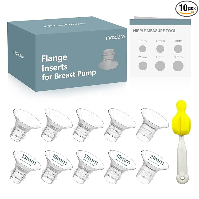 Flange Insert 10PCS 13/15/17/19/21mm for 24mm Flanges/Shields of Most Breast Pumps,Essential Flange Sizing Kit for Breast Pump Replacement Accessories with Nipple Ruler, Cleaning Brush