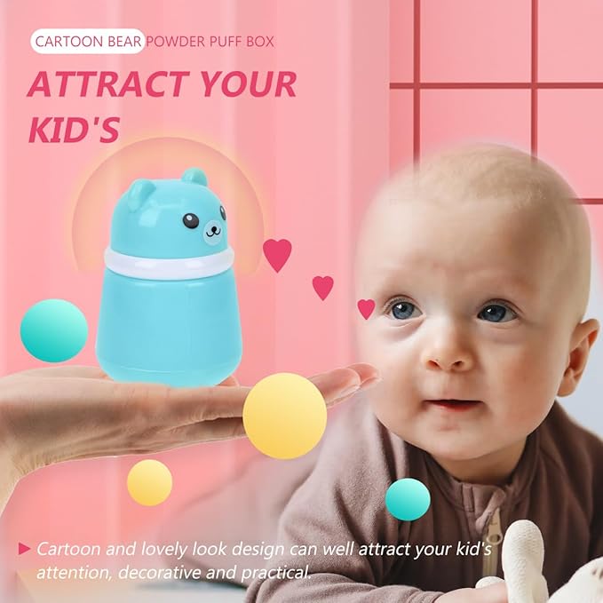 OSALADI Cartoon Bear Baby Powder Puff Box Infant Talcum Powder Container with Puff Portable Loose Dispenser for Baby Skin Care 3.93X2.75X2.75In