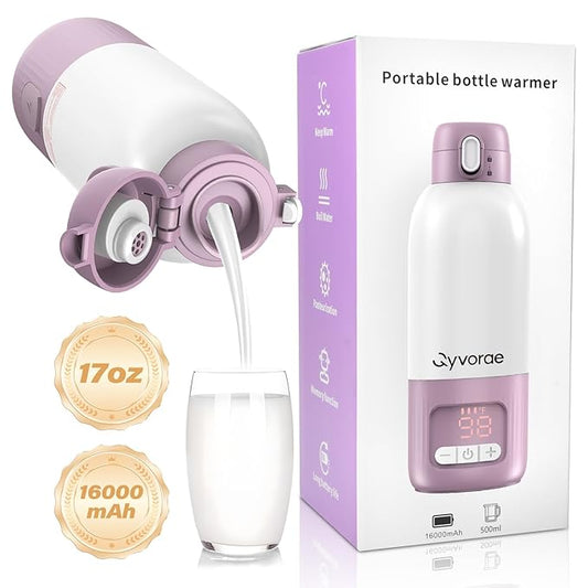 Portable Bottle Warmer for Travel, 17 oz Large Capacity & 16000mAh Extended Battery Life, 8 Temp Contorl, Breastmilk/Formula/Water/Milk 2Min Fast Warmer Heating, Ideal for Travel, Outdoor