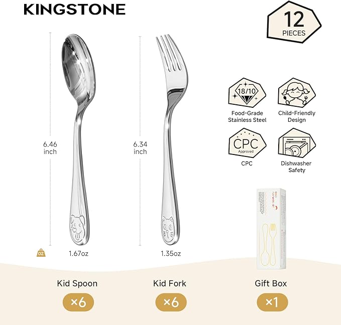 KINGSTONE Kids Silverware Set, 12-Piece Large Forks & Spoons, 18/10 Stainless Steel, Cat & Dog Print, Ergonomic Flatware for Self-Feeding Toddlers, Home & Travel