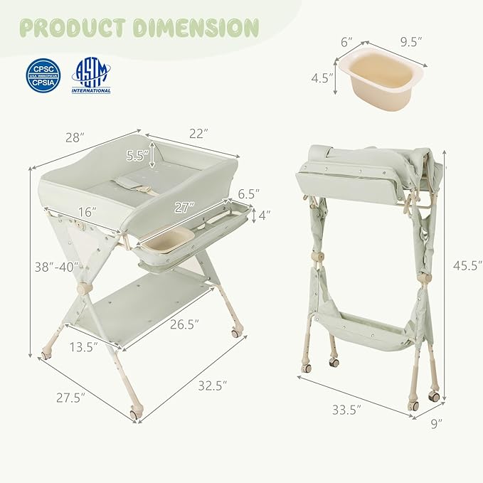 HONEY JOY Changing Table, Folding Mobile Diaper Nursery Organizer w/Wheel, 3 Adjustable Heights, Storage Bag & Open Shelf, Water Basin, Portable Baby Changing Station for Newborn Infant(Green)