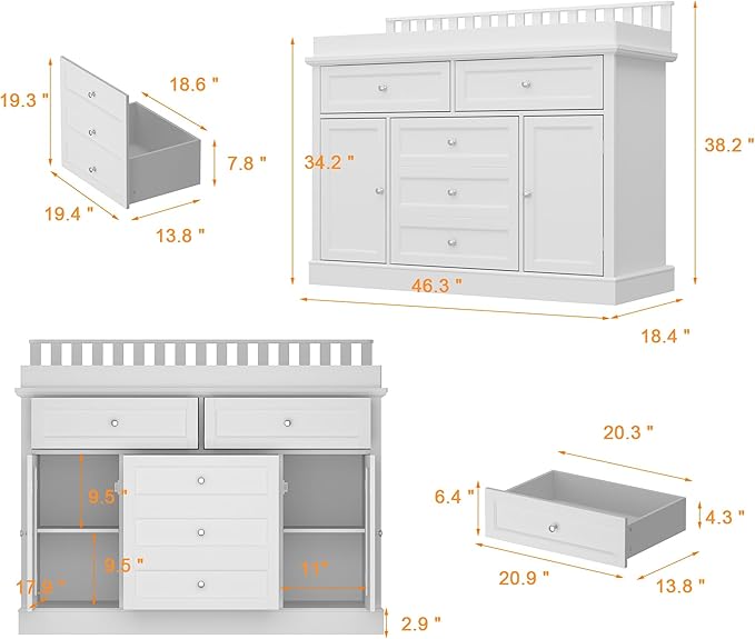 Timechee 46“ Baby Dresser with Changing Table Top, White Dresser with Storage Drawers and Doors for Nursery, Multifunctional Nursery Baby Changing Table Dressers, Diaper Station Cabinet for Kids Room