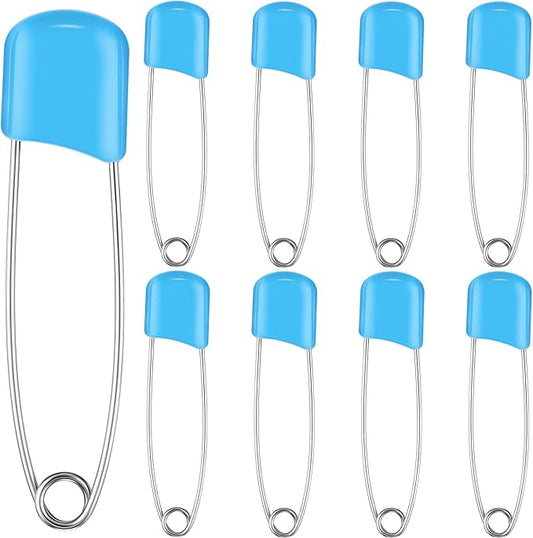 WILLBOND 8 Pcs Safety Pins 2.2 Inch Plastic Head Cloth Pins with Locking Closures Stainless Steel with Velvet Bag, Blue