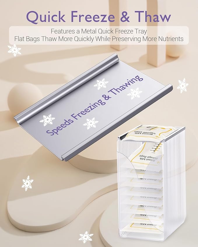 Freeze Organizer and Tower for Breastmilk Storage Bags, First-in First-Out Container Storing System with Quick-Freeze Tray to Freezing Breastmilk, Reusable and Breastfeeding Essentials