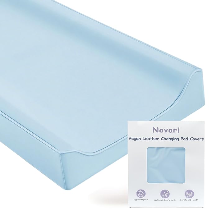 Vegan Leather Changing Pad Cover - 31"X 16" - Waterproof Wipeable, Extra Thick & Portable & Non-Slip Diaper Mat - Fits Standard Changing Tables for Baby Boy Girl (Blue)