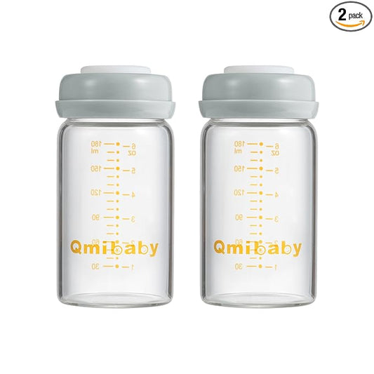 Glass Breastmilk Storage Bottles 180ml 6oz BPA-Free Leak-Proof Natural Baby Bottle for Breastmilk Storage Wide Neck Bottles with Screw Ring Sealing Disk Breastfeeding (Grey, 180ml-2Packs)
