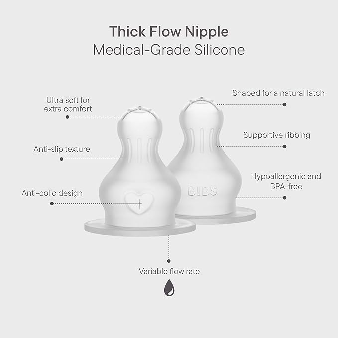 BIBS Baby Bottle Silicone Nipple 2 Pack - Anti-Colic, BPA-Free, Round Silicone Nipple, Thick Flow, Lightweight & Easy to Clean, Suitable for Newborns & Toddlers