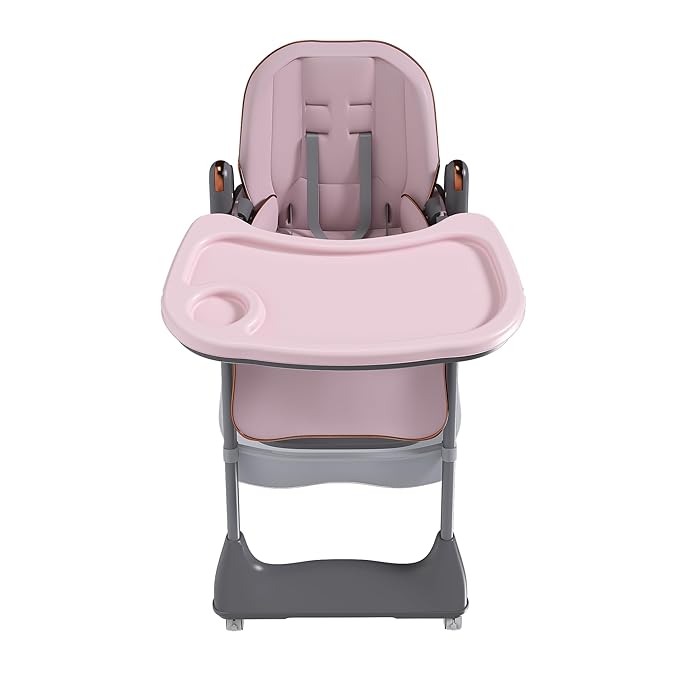 Pink Convertible Height Toddler High Chair with Lockable Wheels, Portable Foldable Baby Feeding Seat with Tray, Adjustable Highchair Easy Clean for Babies and Toddlers Ages 0-6 Years