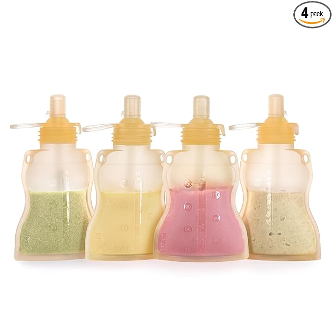 haakaa Baby Food Pouch Refillable Baby Squeeze Silicone Yummy Pouch, Soft Reusable Squeeze Storage Food Pouch for Kids Toddler,Home Made Food Puree,Smoothie Pouch Bag, 4oz, 4 Pack,6m+ (Yellow)