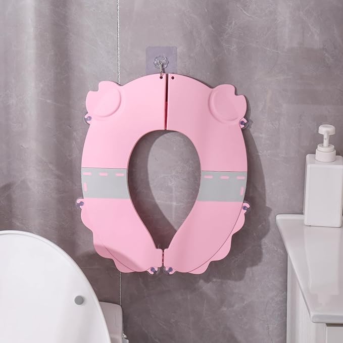 Portable Potty Training Seat，Upgraded Non-Slip-Anti pinch buttocks, One-handed Removal Folding Travel Potty Seat for Toddlers & Kids, 6 suction cups firmly adhere, Fits All Shape Toilets(Pink)