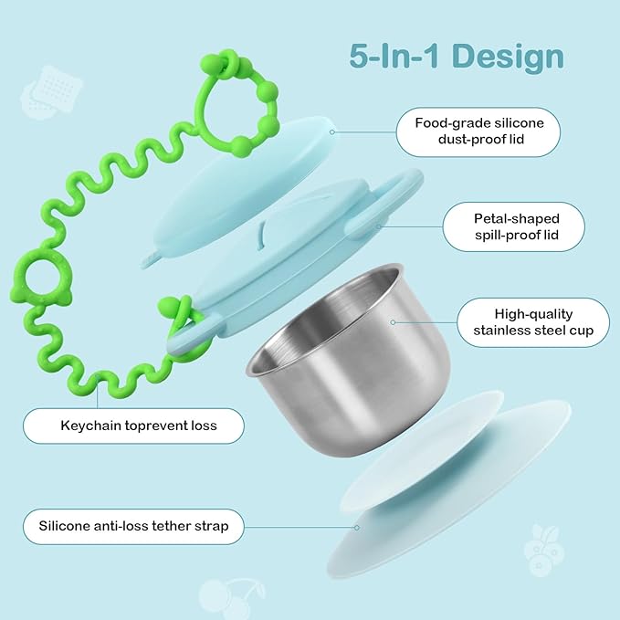 2 Pack Toddler Snack Cups — 5-in-1 Snack Cups for Toddlers Spill Proof with Suction Cup and Anti-Loss Rope, Detachable Stainless Steel Cups with Silicone Lids & Handles (Light Blue and Light Grey)