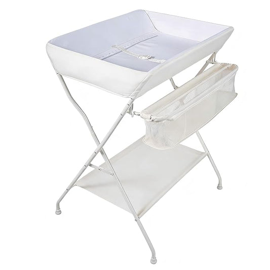 HONEY JOY Changing Table, Folding Nursery Organizer with Open Shelf & Safety Belt, Portable Diaper Changing Station for Newborn (Beige, Basic)