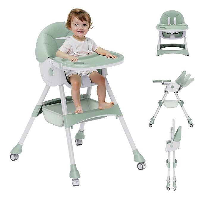 High Chairs for Babies and Toddlers, 4 in 1 Convertible Baby High Chair, Portable High Chair for Travel with Adjustable Height and Back, Foldable HighChair with Wheels& Pu Cushion