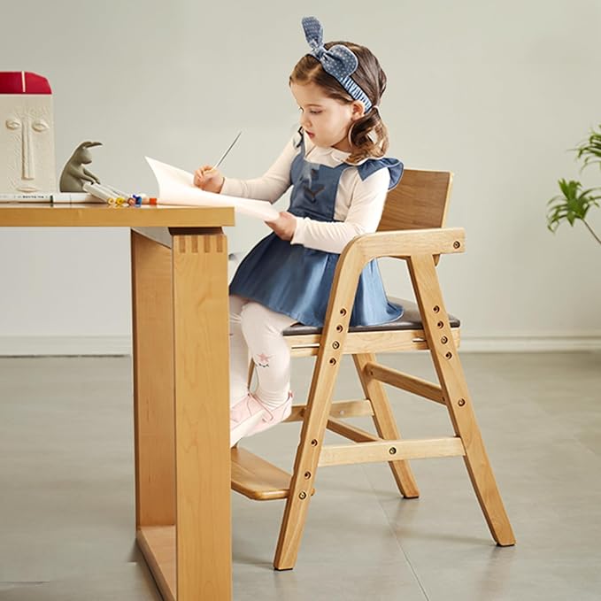 Solid Wood High Chair for Toddlers to Teens, Adjustable Height Toddler Dining Chair, Easy to Clean Toddler Highchair with Removable PU Cushion for Dining, Studying, Step Stool, Natural