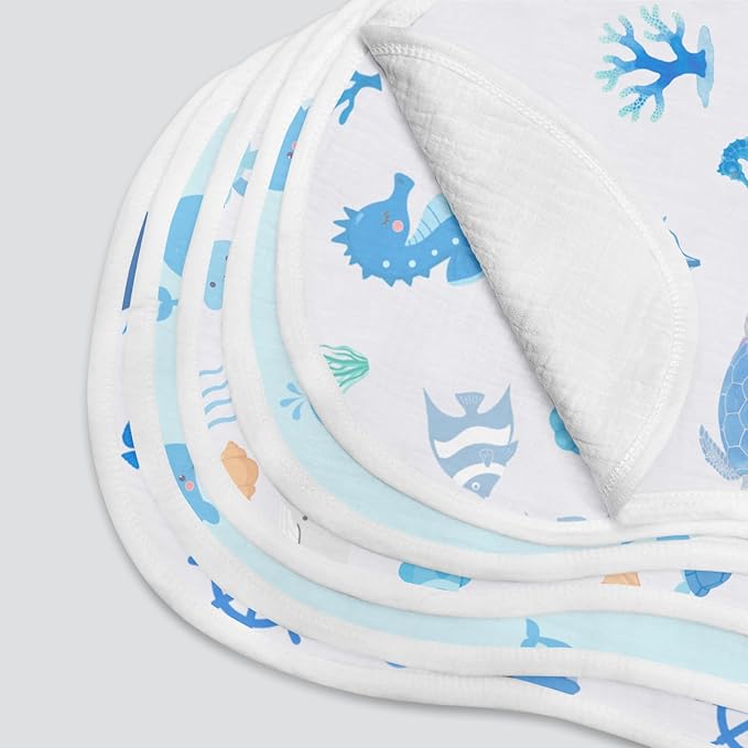 6 Pack Blue Burp Cloths Baby Boys Girls with Ocean Animals Pattern, Large Cotton Burping Clothes for Newborns Gifts Extra Soft and Absorbent 9.8X19.6inches