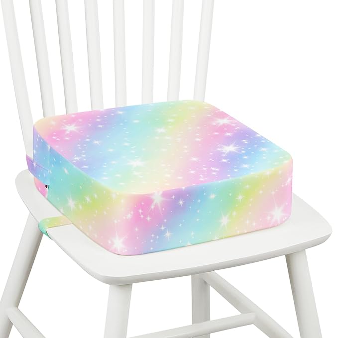 Toddler Booster Seat for Dining Table Kitchen Chair, Kids Booster Seat with Non-Slip Bottom and Adjustable Straps, 4" Detachable Washable Portable Travel Increasing Cushion (Rainbow)