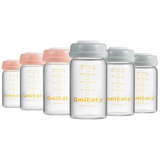 Breast Milk Storage Bottles 180ml 6oz BPA-Free Leak-Proof Baby Bottle for Breastmilk Storage Wide Neck Bottles with Screw Ring Sealing Disk Breastfeeding (Grey+Pink, 180ml-6Packs)