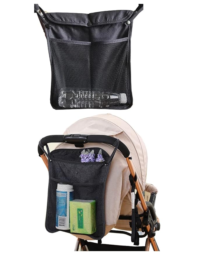 2PCS Pack Baby Stroller Organizer, Umbrella Stroller Organizer,Two compartment,with front mesh pockets, holder for water bottles, diapers wipes and folded up when folded the stroller. (Black+Grey)