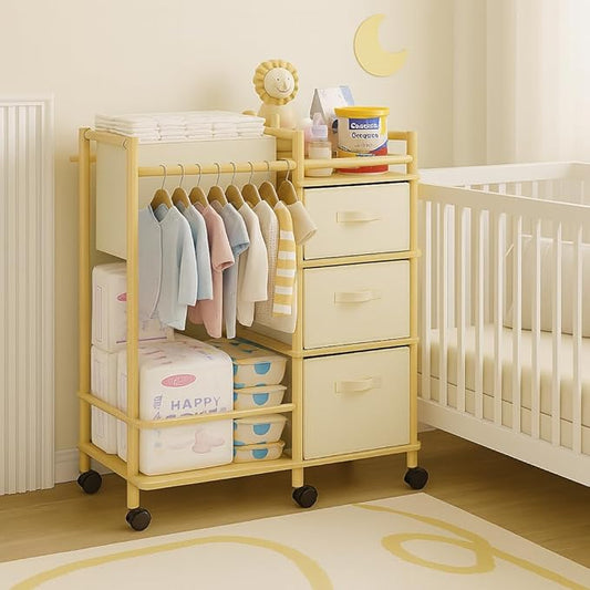 Solid Bamboo Baby Diaper Caddy Cart, Diaper Cart Organizer with Wheels, Mobile Multi-Functional Small Baby Care Station, Store All baby Supplies，for Nursery, Changing Table and Crib