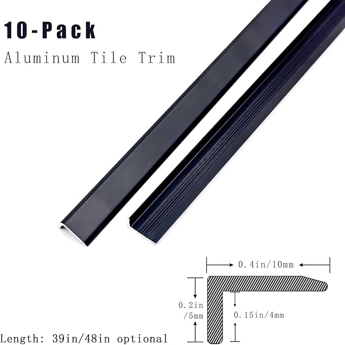 10-Pack 48 Inch Aluminum Tile Edge Trim – L-Shape Metal Tile Edging for Backsplash, Wall Corners, and Finishing – Square TileTrim (Black, 48 Inch)