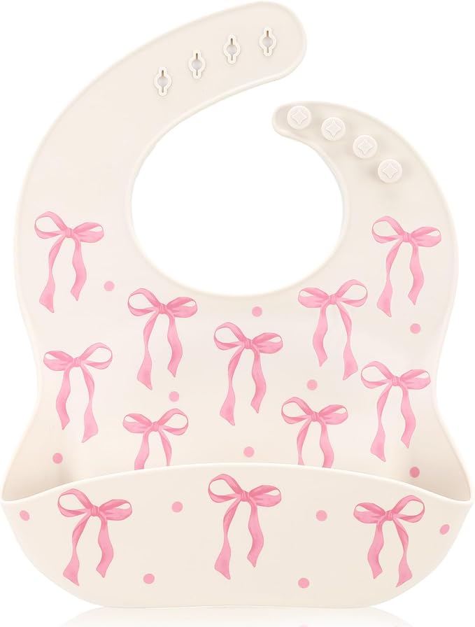 Remerry Silicone Bib for Baby Girls, Pink Waterproof Feeding Bib with Pocket Adjustable Fit for Babies and Toddlers Drooling