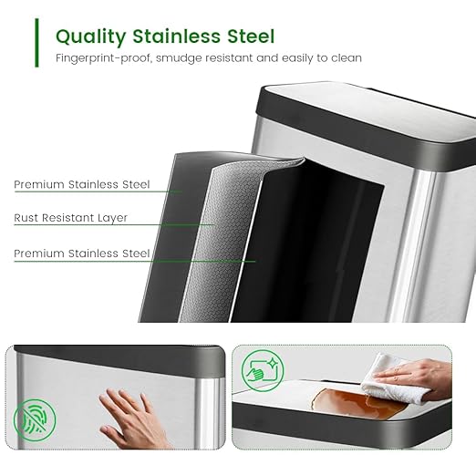 13 Gallon Trash Can, Large Kitchen Garbage Can with Lid, Stainless Steel Trash Bin Liner Free, Step Peal Garbage Bin, Metal Trash Can with Soft Closed&Stay Open Lid, 50 Liter, Silver