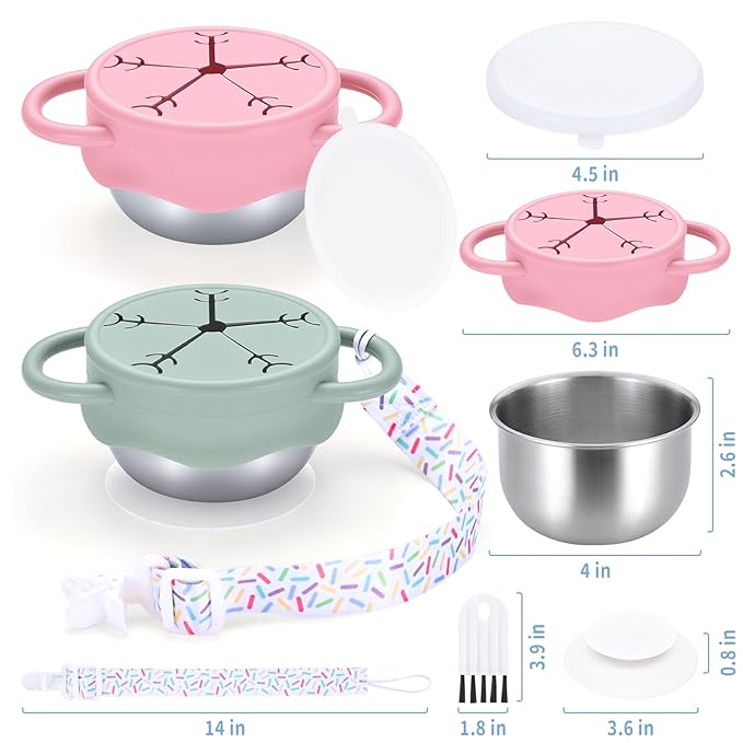 Qtencas 2 Pack Stainless Steel Snack Containers for Toddlers with Spill-Proof Silicone Lids and Handles, Food Grade Snack Cups for Toddlers Kid（Pink and Green）