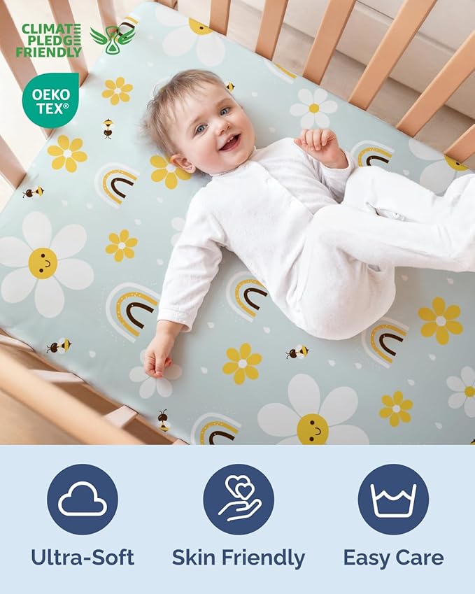 Baby Crib Sheets for Boys & Girls - Pack of 2 Fitted Microfiber Crib Sheets for Standard Crib & Toddler Mattress - Breathable & Wrinkle Free - Machine Washable, Oeko Tex - 52x28x8in - Rainbow Bloom