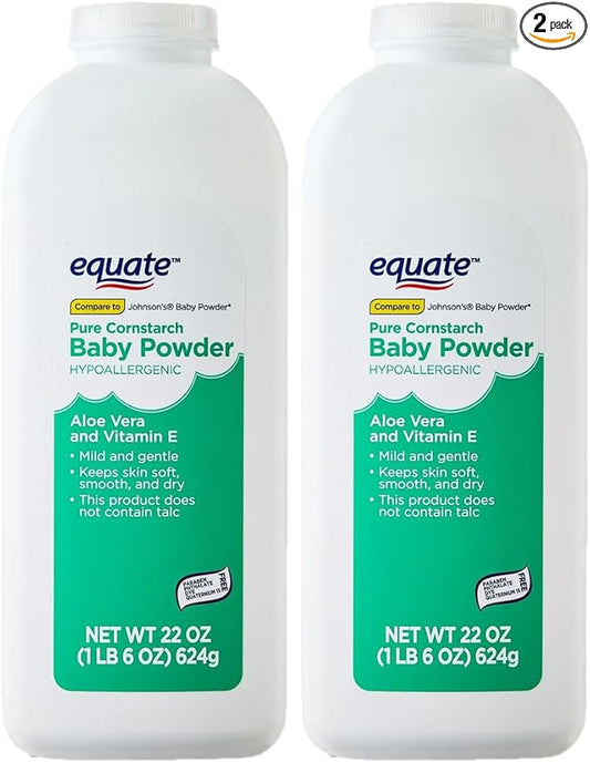 Equate Pure Cornstarch Baby Powder with Aloe Vera and Vitamin E, Hypoallergenic, Talc-Free - 22 oz (Pack of 2)