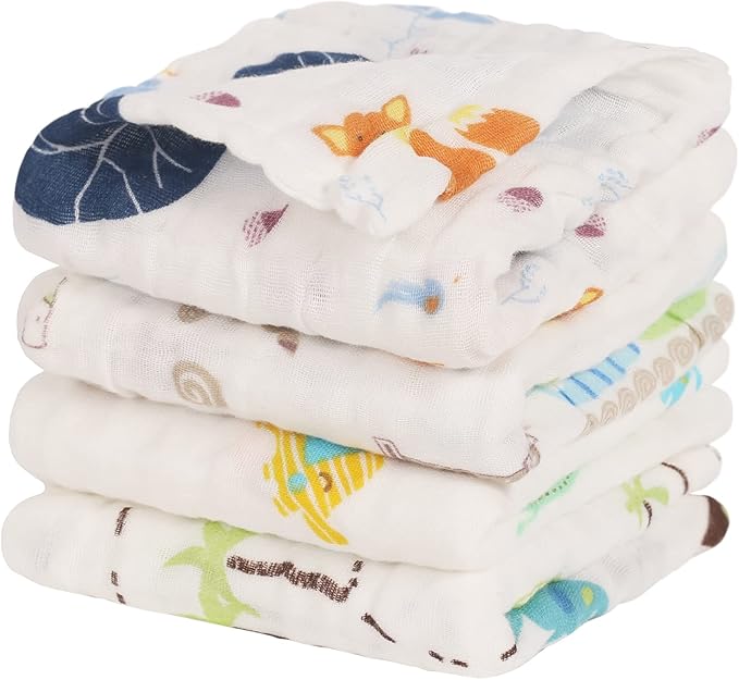 Baby Muslin Burp Cloths, 100% Cotton Burping Cloths Super Absorbent Soft, Bath Towel Burp Cloths for Baby Girl Boy, Great Gift for Newborn, 10 x 20 inch, 4 Pack, Fox & Whale